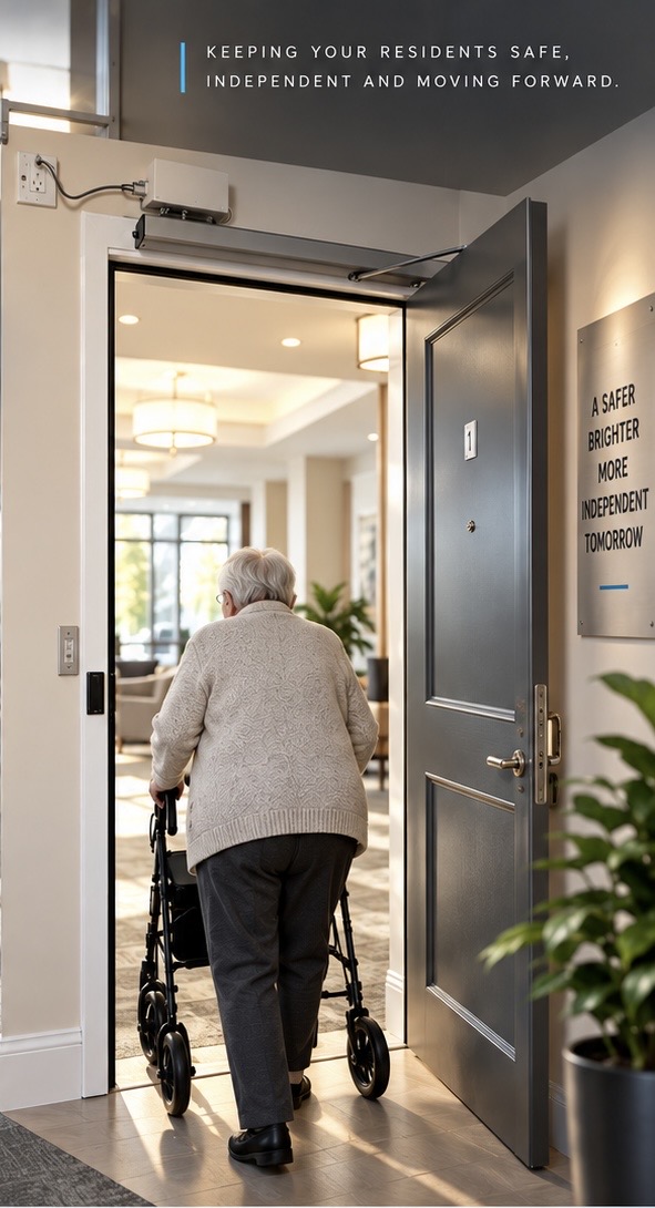 Senior resident using an accessible automatic doorway